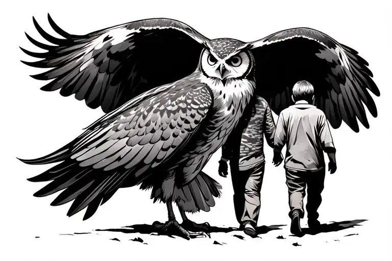 Father And Son Walking Together With A Realism Owl Flying Over Them