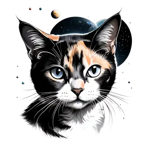 A Simple Calico Cat With Whiskers Black And White And The Planet Venus Around It