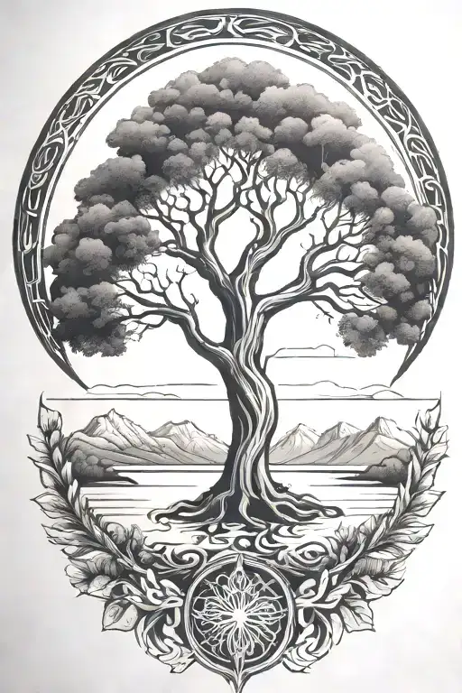 Tree Of Life Intertwined With Mountains And A River Without A Border With A Dark Undertone