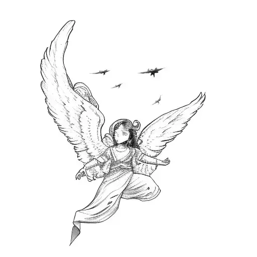 An Angel Flying In The Sky Standing On A Pile Of Skulls