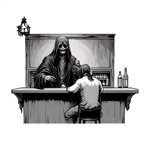 Grim Reaper Standing Behind A Man Who Is Sitting At A Bar