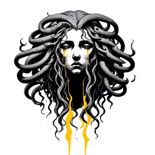 A Simple Black And White Medusa Head Wither Her Hair Of Snakes And Have Her Crying Golden Tears