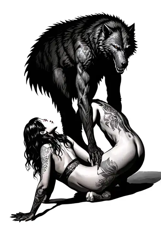 Werewolf Standing Over Submissive Woman Kneeling