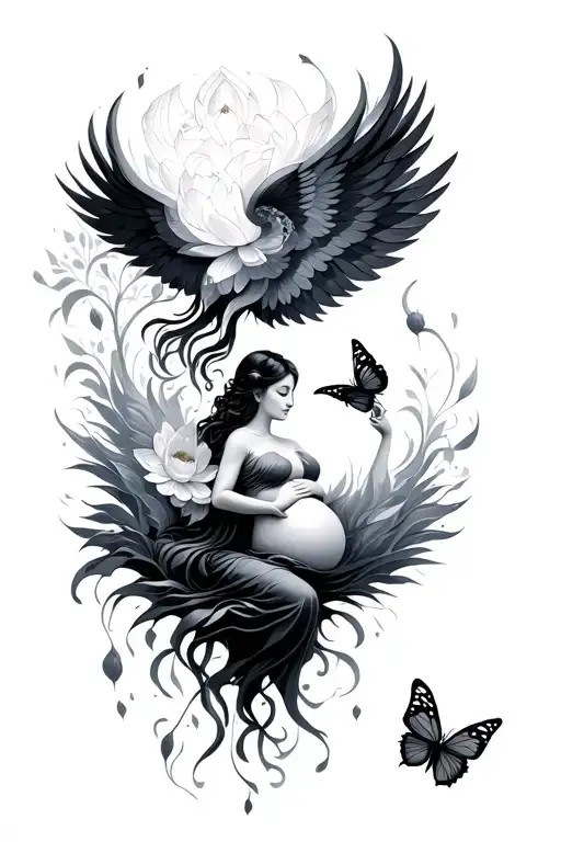 Lotus Immersing A Pregnant Woman With Phenix Wings Holding A Butterfly