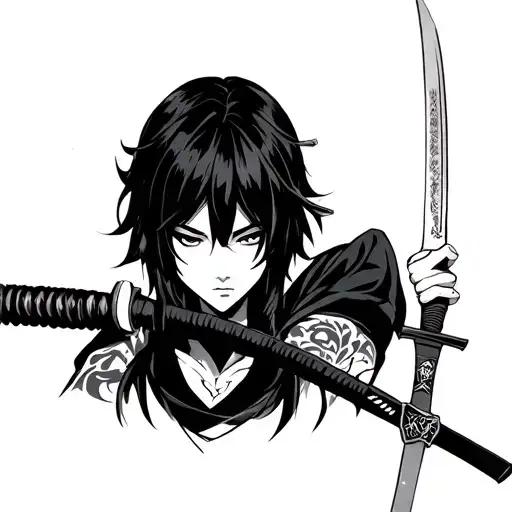 Anime Sketch Neon Colors Katana In The Hand Next To The Face