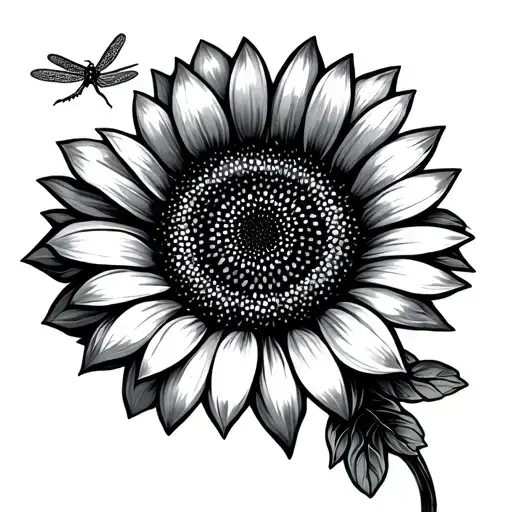 Black And White Sunflower With Small Dragonfly