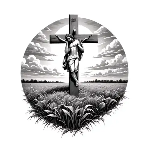 Cloudy Day Cross In The Middle Of A Field With Jesus Praying