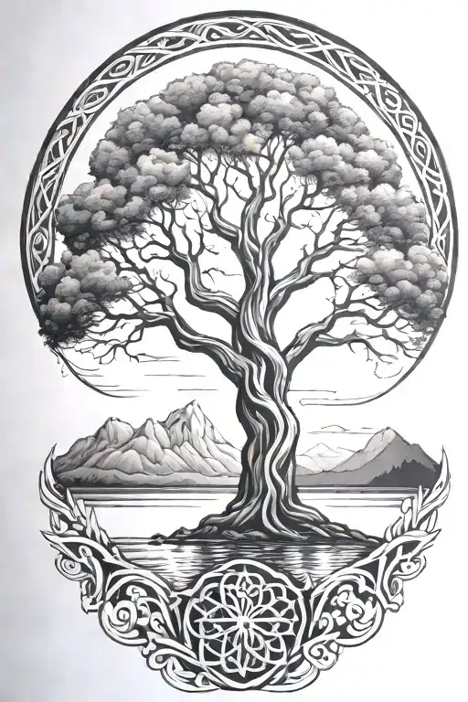 Tree Of Life Intertwined With Mountains And A Lake