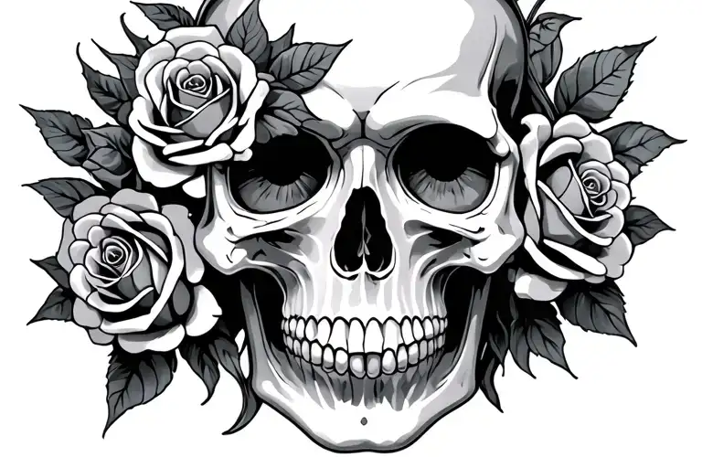 Skull And Roses Growing Out Eyes And Top Of Head