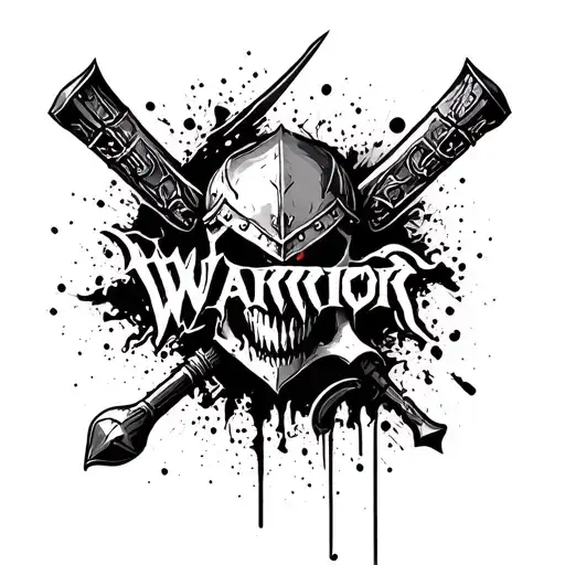 Create A Realistic Trash Polka Tattoo Style Image For The Text Warrior With A White Background