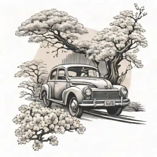 A Vintage Car Driving Through A Japanese Garden With Cherry Blossoms