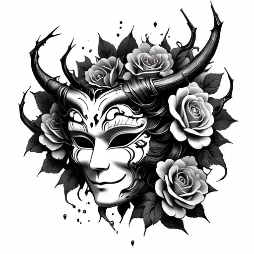 Japanese Mask With A Broken And Tangled Horn With Roses With Thorns