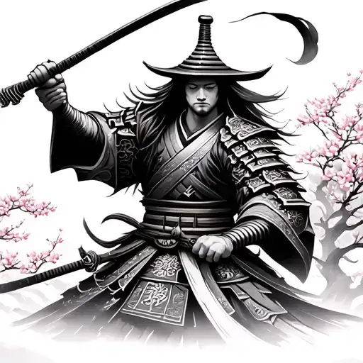 Samurai Warrior Wielding Temple Cheery Blossom Trees