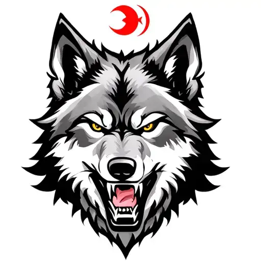 Angry Hard -Looking Wolf And Turkish Emblem