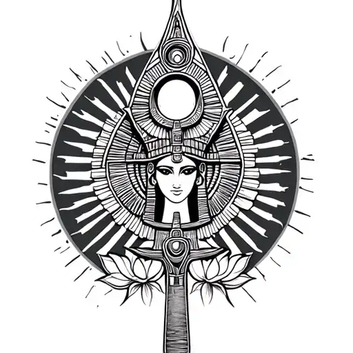 Egyptian Goddess Isis In The Shape Of An Ankh With A Lotus At The Bottom And Rising Sun Behind Her