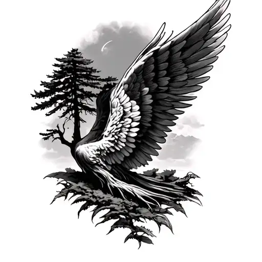 Lebanese Cedar Tree And Wings On The Side