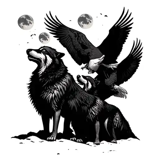 Wolfpack Howling At Moon With Eagles
