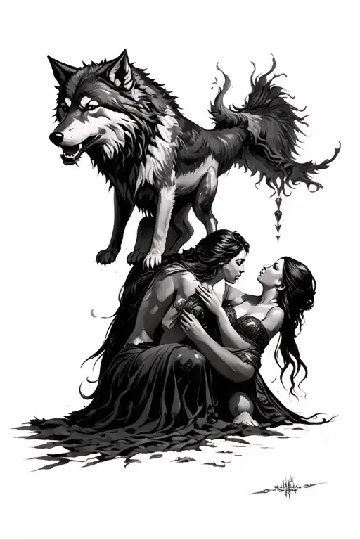Fenrir Viking Norse Wolf Standing Over Submissive Women