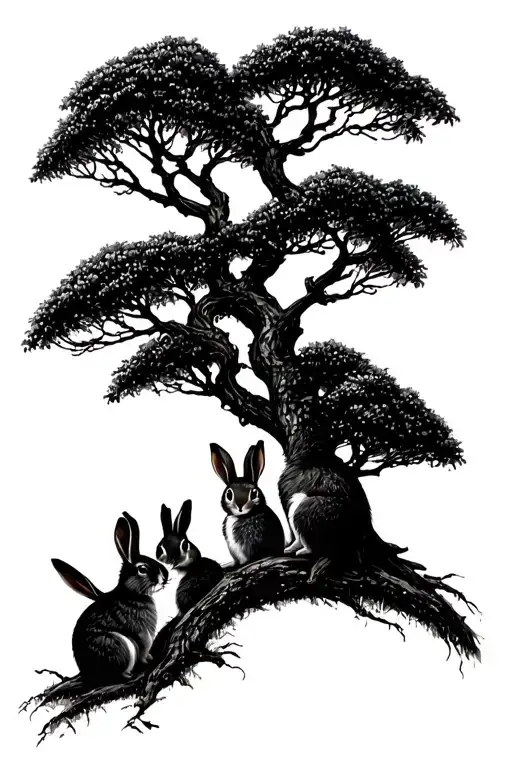 Willow Tree With Rabbits Playing Together Sullen