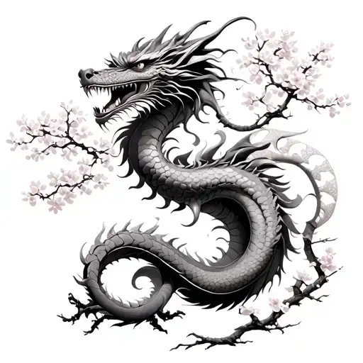 Dragon Going Up A Cherry Blossom Tree