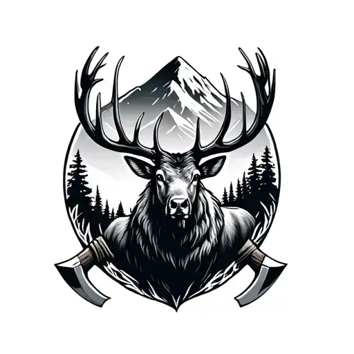 Elk Stag Infront Of A Mountain And Crossed Axes