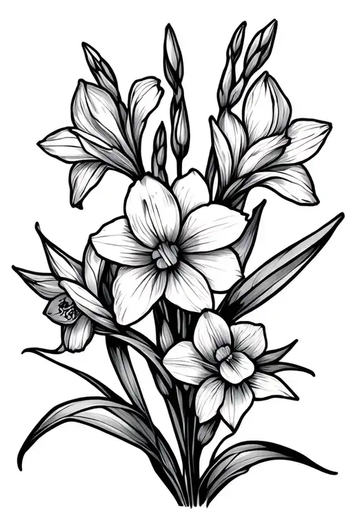 Gladiolus And Daffodil Flowers Simple Line Drawing