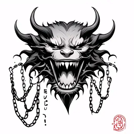 Japanese Demon Tattoo Style With Chains Hanging From The Mouth