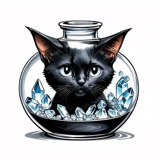 Black Cat Inside Amagic Potion Bottle And Crystals