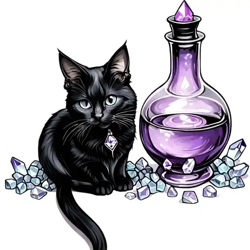 Black Cat With Magic Potion Bottle And Crystals