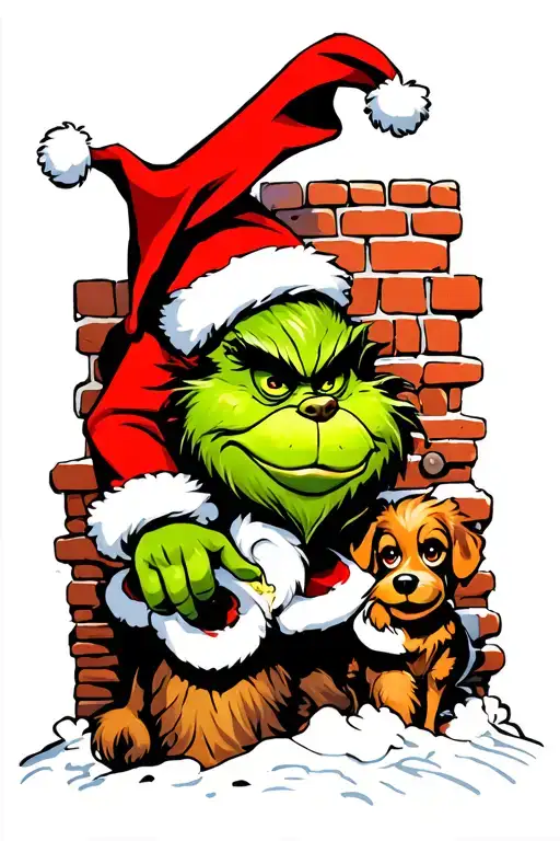 Original Animated Grinch In Santa Suit And Hat Coming Out Of A Chimney With Max The Dog