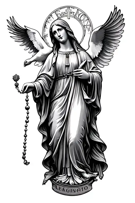Virgin Mary Holding A Rosary Beads With 2 Doves Flying Above Her