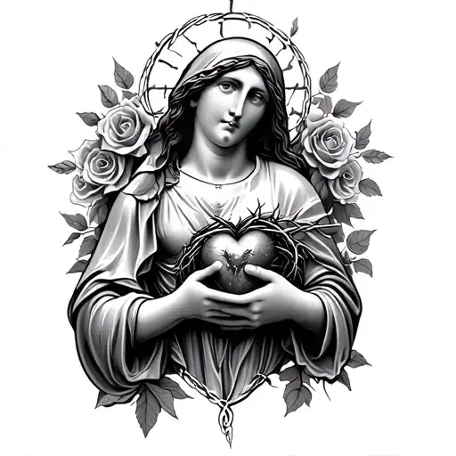 Virgin Mary Holding Jesus's Heart Wrapped In Thorns Only Her Hand With Thorn And Roses Sleeve On Arm