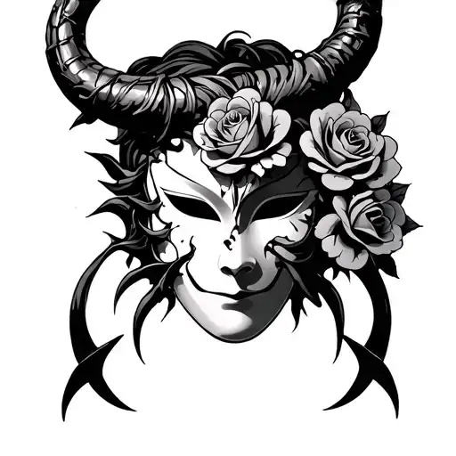 Japanese Mask Onii With A Broken And Tangled Horn With Roses With Thorns