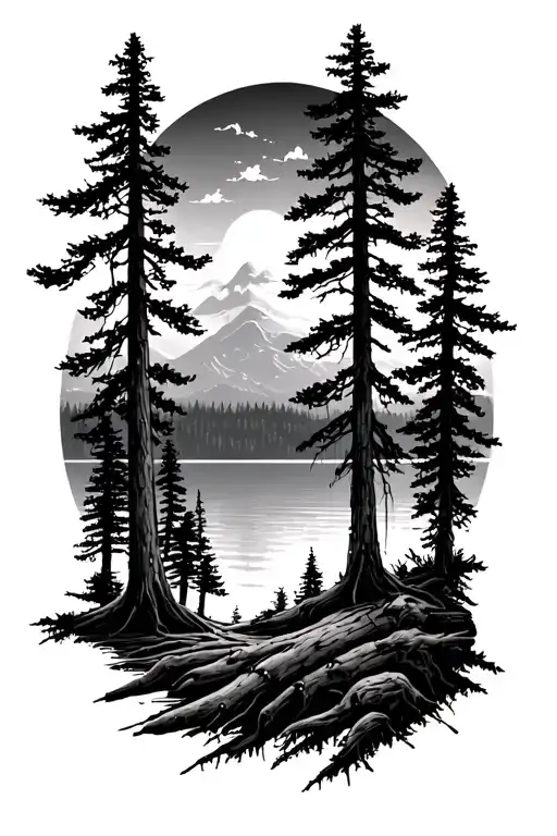 Redwood Trees Colors Sunset Over Lake