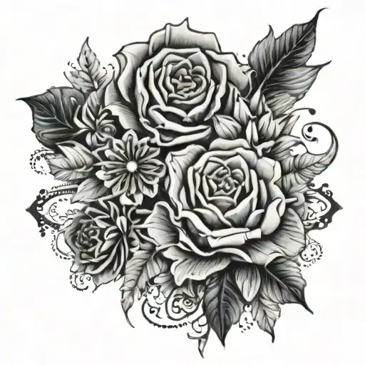 An Intricate Black And Grey Tattoo Featuring A Combination Of Flowers And Crystals