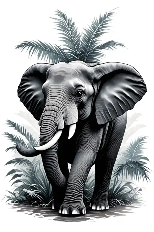 B&w Elephant Walking Thru Tropical Juncle