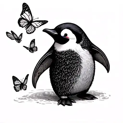 Penguin Outline Tattoo With Two Small Butterflies Flying Around Next To It