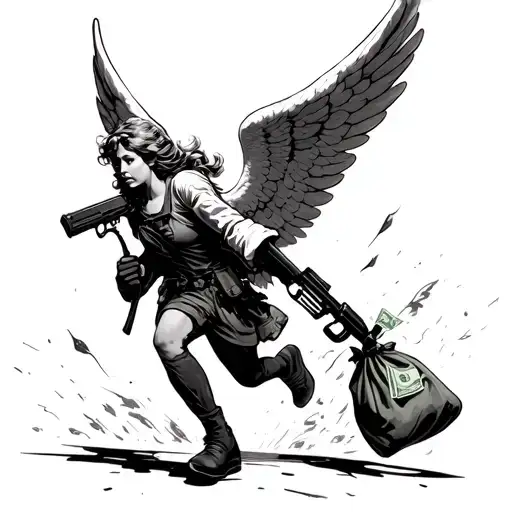 An Angel With A Machine Gun And A Bag Of Money Runs Away From Pursuit