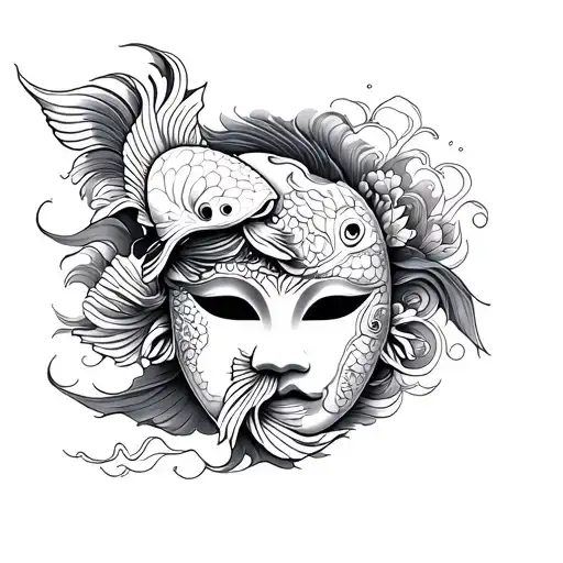 Hanya Mask With Koi Fish With Waves With Cherry B S S