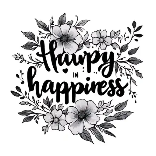 Happiness In Cursive With Floral Elements