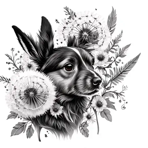 Dandelions And Dog And Feather And Rabbit And Flowers Tattoo Sleeve