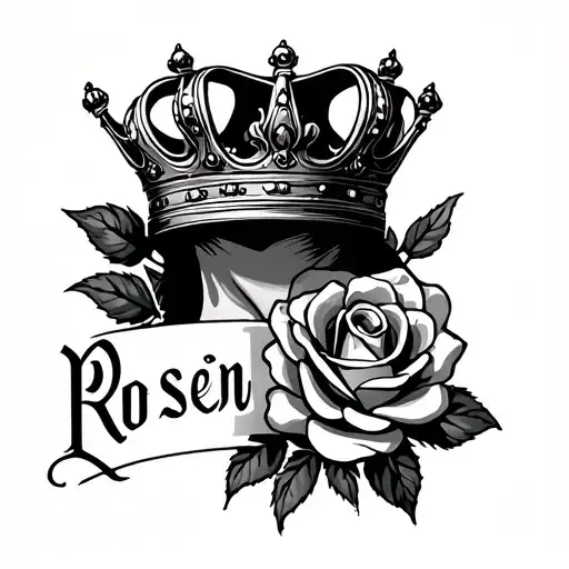 Word Roseign On Side Neck Tattoo With Crown And Rose Subtle