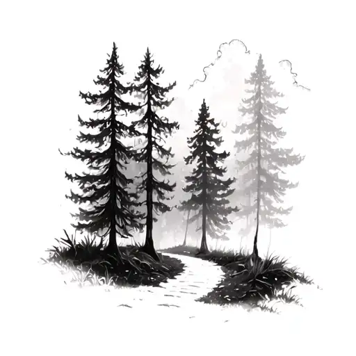 Dark Trees And A Small Pathway In The Forest Scene