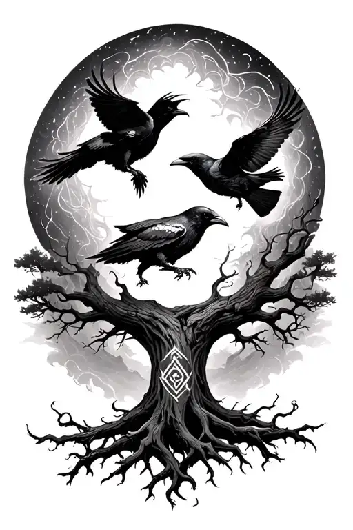 Yggdrasil Tree With 2 Ravens Flying