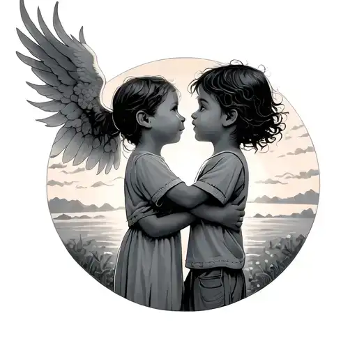 2 Kids With Arms Around Eachother Looking Into The Sunset While One Is Being Pulled Up To Heaven