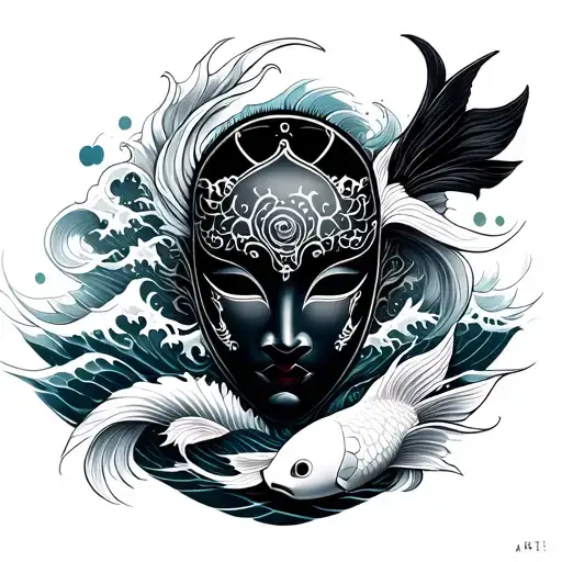 Hanya Mask With Koi Fish With Waves With Cherry B S S