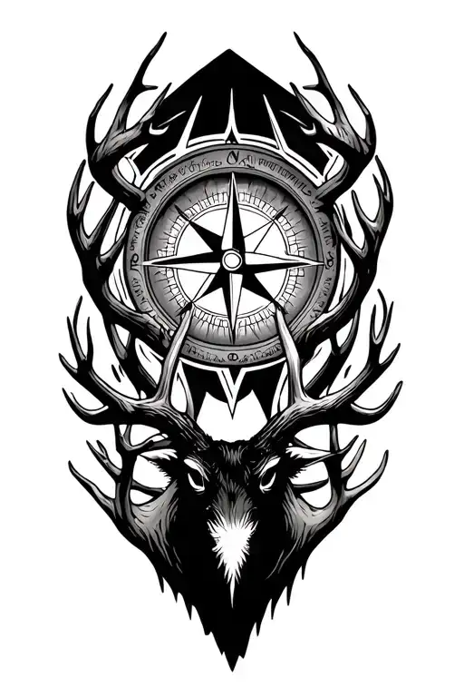 Detailed Compass Rose Surrounded By Deer Antlers