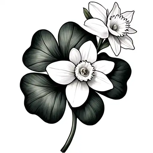 Four Leaf Clover And Daffodil Flower