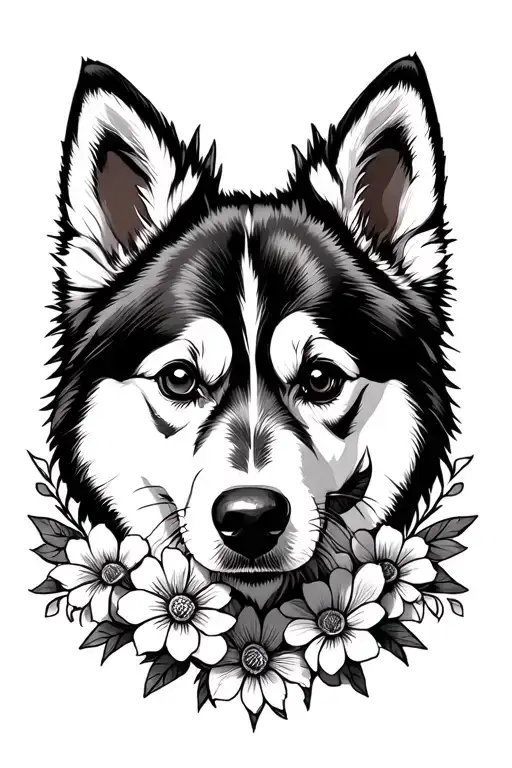 Pomsky Dog Face Surrounded By Flowers Intertwined