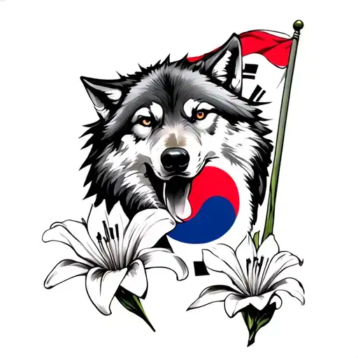 Wolf With Korean Flag Waving And A Lily Flower